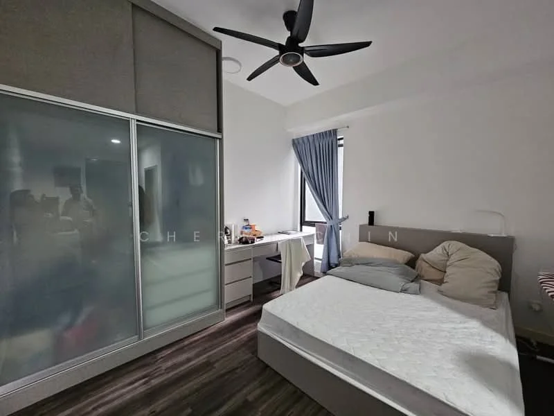 Bedroom features: queen-size bed, upholstered headboard, 2 pillows, built-in wardrobe with sliding doors, study desk, chair, floor-to-ceiling window, curtains, ceiling fan with light, laminate flooring; style: modern.