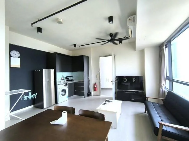 Living features: grey accent wall, white painted walls, polished concrete flooring, 5-blade ceiling fan with light, wall-mounted TV, black TV console, sofa bed in dark wood, coffee table, dining table with wooden chairs, stainless-steel fridge, built-in oven, 4-burner gas hob, single-bowl stainless-steel sink, chrome pull-down faucet, sliding glass door, fire extinguisher, ironing board; style: modern; view: city.