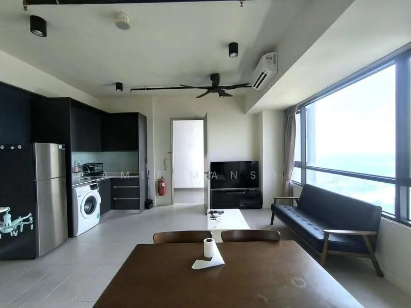 Living features: floor-to-ceiling windows, 3-blade ceiling fan, wall-mounted TV, black leather sofa, wooden coffee table, grey tiled flooring, refrigerator, washing machine, kitchen cabinetry, open layout, natural light, air conditioning unit; style: modern; view: city.