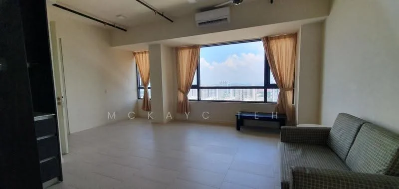 Living features: floor-to-ceiling windows, beige walls, light-colored tiled flooring, two sheer curtains, 1 wall-mounted split AC, sofa in grey fabric, coffee table, city view; style: modern; view: city.