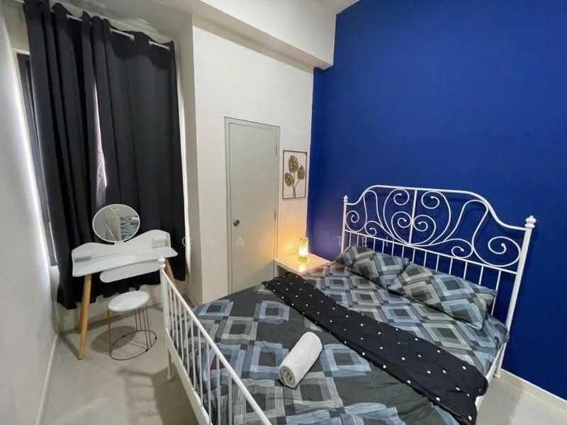 Bedroom features: blue accent wall, white metal bed frame, queen-size bed with patterned bedding, two bedside lamps, white bedside table, dressing table with mirror, black curtains, flooring with light color, wall-mounted artwork, door to closet, towel rolled on bed; style: modern.