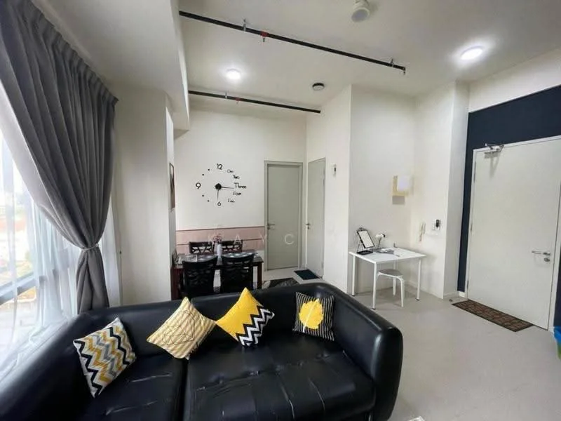 Living features: black leather sofa, yellow and black decorative cushions, floor-to-ceiling windows with sheer curtains, white walls, recessed downlights, light grey flooring, wall clock decoration, dining table with black chairs, small white desk, door to hallway, door to exterior; style: modern; view: city.