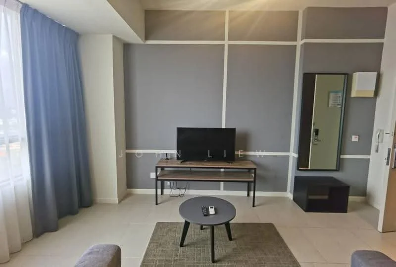 Living features: grey accent wall, white painted walls, floor-to-ceiling windows with sheer curtains, TV console, wall-mounted TV, coffee table, area rug with geometric pattern, side table, mirror, light fixture, tile flooring; style: modern.