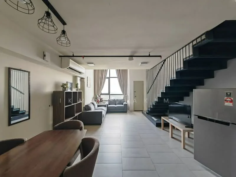 Living features: grey fabric sofa, 2-seater sofa, coffee table, TV console, wall-mounted TV, floor-to-ceiling windows, curtains, recessed downlights, ceiling fan, open shelving unit, light grey tiled flooring, decorative mirror; style: modern; view: city. Dining features: wooden dining table, 4 upholstered dining chairs, decorative centerpiece; style: modern.