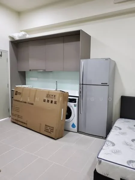 Room features: grey cabinetry, white backsplash, stainless-steel fridge, front-load washing machine, countertop, tile flooring, single bed frame, cardboard box; style: modern.