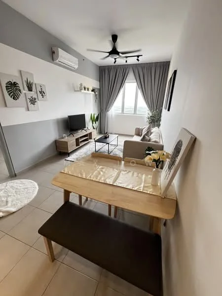Living features: 3-seater fabric sofa in light beige, coffee table, TV console, wall-mounted TV, 5-blade ceiling fan with light, floor-to-ceiling windows, grey curtains, decorative wall art, potted plant, light-colored tiled flooring, wall-mounted air conditioning unit; style: modern; view: city. Dining features: wooden dining table, bench seating, decorative vase with flowers; style: modern.