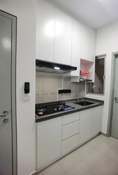 Kitchen features: white cabinetry, black countertop, built-in gas hob, stainless-steel range hood, single-bowl stainless-steel sink, chrome pull-down faucet, wall-mounted kitchen cabinet, tile backsplash, grey tiled flooring, recessed lighting, window above sink; style: modern.