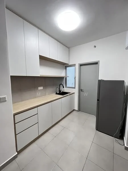 Kitchen features: white cabinetry with flat-panel doors, wood countertop, single-bowl stainless-steel sink, black pull-down faucet, built-in refrigerator in grey, wall-mounted light fixture, tile flooring in light grey, window above sink, neutral wall colour, door leading to another room; style: modern.