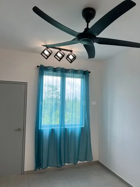 Room features: white painted walls, grey tiled flooring, 5-blade ceiling fan in black, track lighting with four fixtures, floor-to-ceiling window, sheer turquoise curtains; style: modern; view: garden.