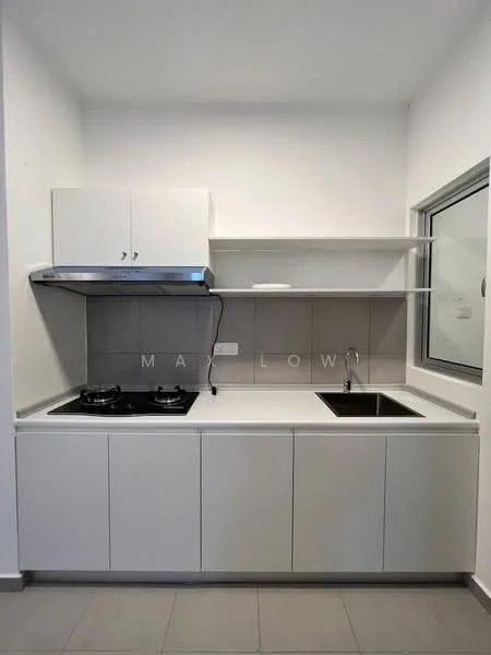 Kitchen features: white cabinetry, stainless-steel range hood, double-burner gas hob, single-bowl stainless-steel sink, chrome pull-down faucet, grey tiled backsplash, open shelving, light grey floor tiles, window with view, minimalist design; style: modern.