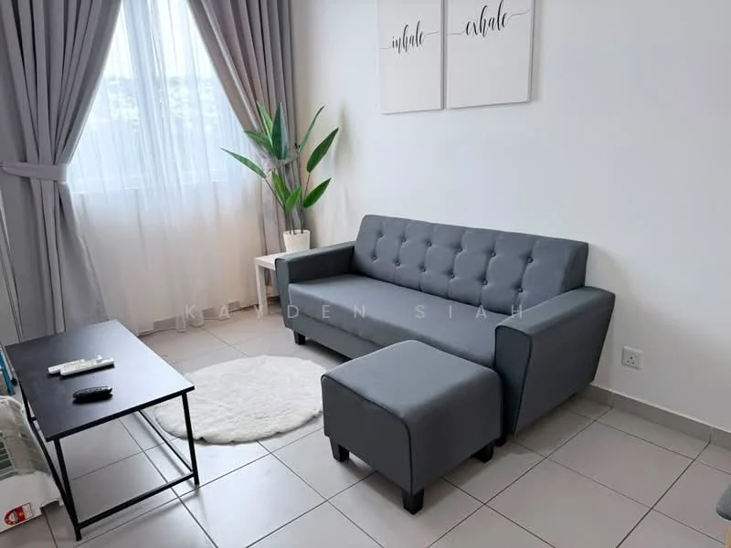 Living features: grey fabric 3-seater sofa, ottoman, black coffee table, white area rug, floor-to-ceiling window with sheer curtains, potted plant, light grey walls, tile flooring, decorative wall art; style: modern.