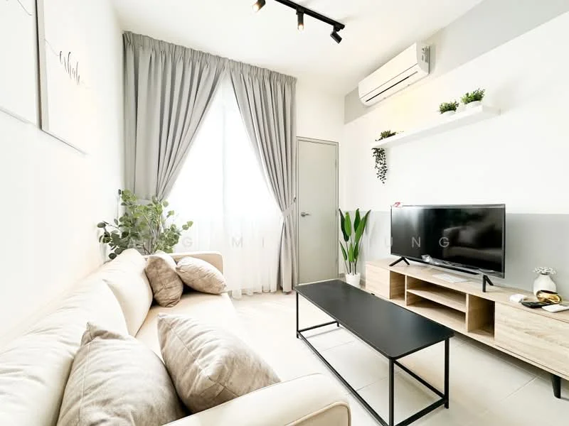 Living features: 3-seater fabric sofa in cream, decorative cushions, black coffee table, wall-mounted TV, TV console in light wood, floor-to-ceiling window, sheer curtains, potted houseplants, air conditioning unit, light-colored walls, light tile flooring, shelf with decorative items; style: modern.