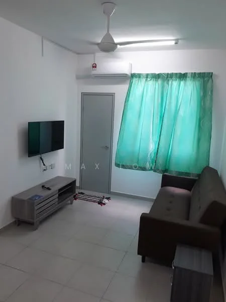 Living features: light grey tiled flooring, white painted walls, green sheer curtains, 3-seater brown fabric sofa, wall-mounted TV, TV console with storage, wall-mounted air conditioning unit, ceiling fan with light, door to hallway; style: modern.