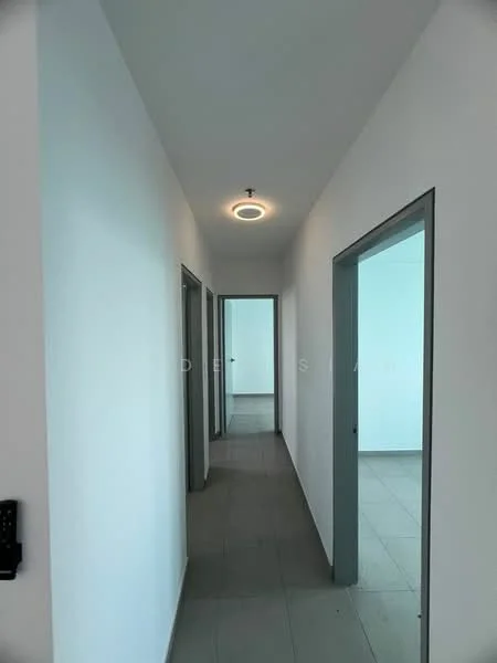 Hallway features: white painted walls, tile flooring, recessed ceiling light, door frames, multiple doorways, neutral color scheme; style: modern.