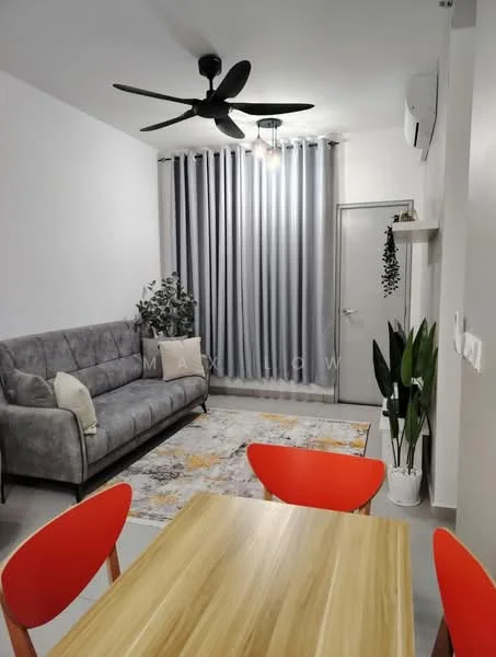 Living features: 3-seater fabric sofa in grey, 5-blade ceiling fan with light, recessed LED downlights, floor-to-ceiling curtains in grey, decorative houseplants in ceramic pots, area rug with geometric pattern, wooden dining table, 4 red dining chairs, wall-mounted air conditioning unit, white painted walls, light grey flooring; style: modern.