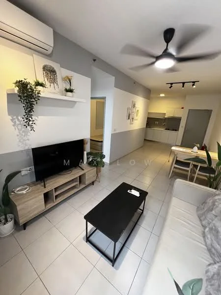 Living features: light grey painted walls, white ceiling, 5-blade ceiling fan with light, wall-mounted TV, wooden TV console, black coffee table, white fabric sofa, decorative plants, dining area visible in background, tile flooring; style: modern. Kitchen features: white cabinetry, stainless-steel sink, built-in oven, freestanding range oven, microwave, tile backsplash, countertop with space for appliances; style: modern.