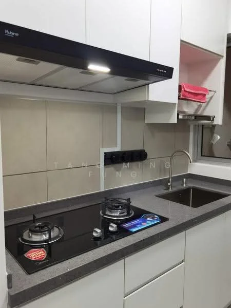 Kitchen features: white cabinetry, grey countertop, stainless-steel sink, chrome pull-down faucet, built-in gas hob with two burners, black glass cooktop, range hood, wall-mounted storage, window with view, tile backsplash; style: modern.