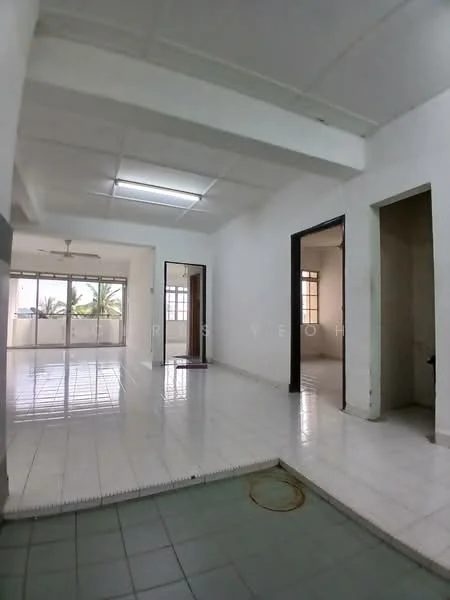 Room features: white painted walls, white ceiling, tile flooring in white, tile flooring in green, large windows, sliding glass door, doorway to adjacent rooms, natural light, open layout, high ceiling; style: modern; view: garden.