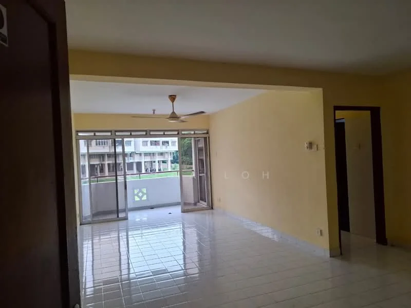 Living features: cream painted walls, white tiled flooring, 5-blade ceiling fan, sliding glass door, floor-to-ceiling windows, balcony access, natural light, open layout; view: garden.