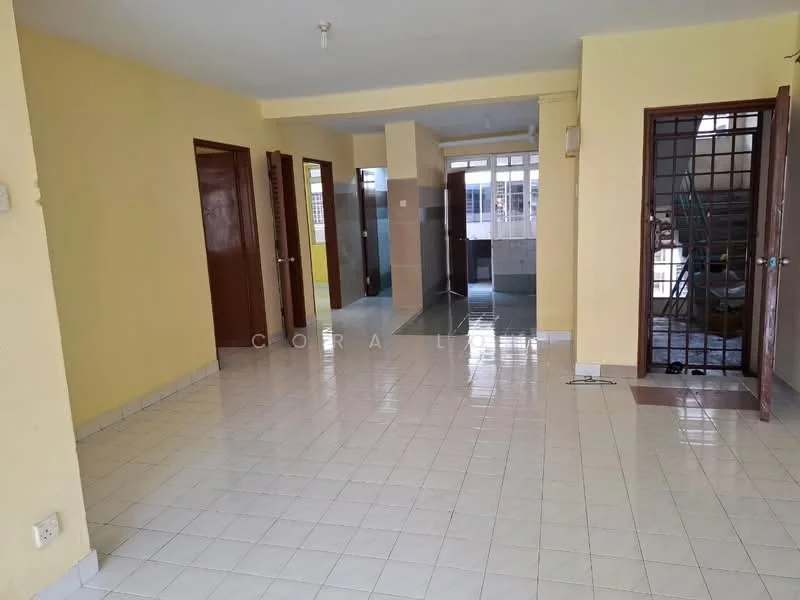 Room features: yellow painted walls, white tiled flooring, multiple wooden doors, open layout, natural light from windows, ceiling light fixture, corner area for potential furniture placement, access to other rooms, clean and minimal decor; style: modern.