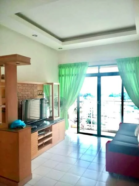 Living features: grey sofa, wooden TV console, wall-mounted TV, exposed brick accent wall, floor-to-ceiling windows, green sheer curtains, recessed ceiling lights, white tiled flooring, ceiling fan; style: modern; view: city.