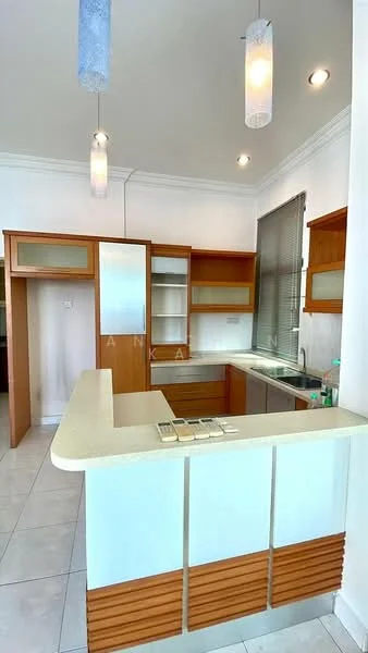 Kitchen features: L-shaped countertop with cream surface, wood cabinetry with glass-front upper cabinets, stainless-steel sink, chrome pull-down faucet, built-in shelves, tile flooring, recessed downlights, window with blinds, pendant lighting, white painted walls, open layout; style: modern.
