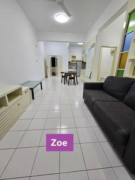 Living features: grey fabric sofa, white tiled flooring, white painted walls, ceiling light, dining table with chairs, open layout, built-in storage unit, window with colored glass panels; style: modern.
