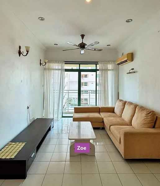 Living features: beige L-shape sectional sofa, white coffee table, dark wood TV console, 5-blade ceiling fan with light, wall-mounted air conditioning unit, floor-to-ceiling windows, sheer curtains, white painted walls, tile flooring; style: modern; view: city.