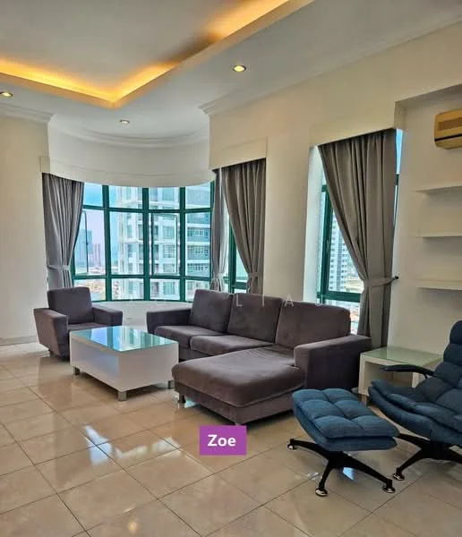 Living features: grey fabric sectional sofa, glass coffee table, floor-to-ceiling windows, curtains in grey, recessed ceiling lights, cream painted walls, white tiled flooring, air conditioning unit on wall; style: modern; view: city.