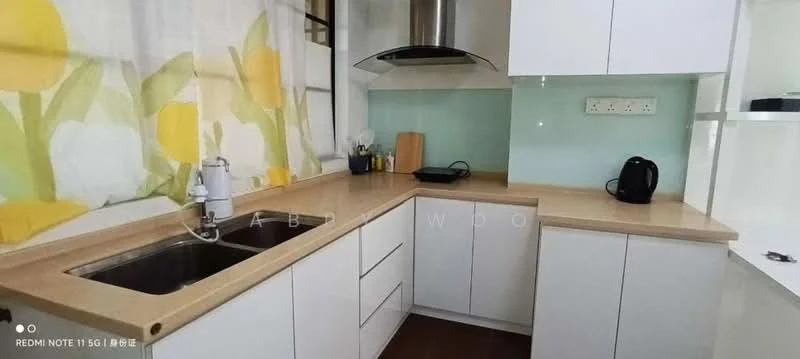 Kitchen features: single-bowl stainless-steel sink, chrome pull-down faucet, light-colored laminate countertop, white shaker cabinets, green backsplash, built-in oven, black kettle, stainless-steel range hood, wall-mounted shelves, floor-to-ceiling windows, tile flooring; style: modern.