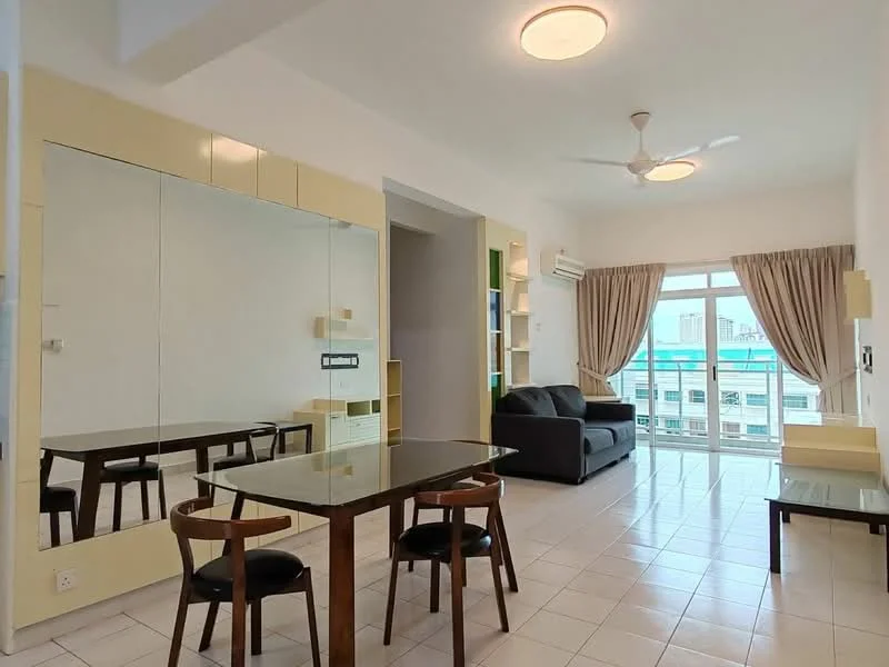 Living features: floor-to-ceiling windows, curtains, 3-seater fabric sofa in dark grey, coffee table, dining table with 4 chairs, built-in shelving unit, wall-mounted air conditioning unit, white painted walls, tile flooring, ceiling fan with light, decorative wall mirror; style: modern; view: city.