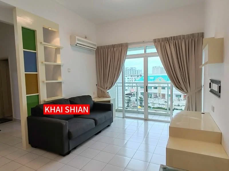 Living features: grey fabric sofa, white tiled flooring, floor-to-ceiling windows, sheer curtains, air conditioning unit, wall-mounted TV, light-colored feature wall with shelves, decorative wall with colored panels; style: modern; view: city.