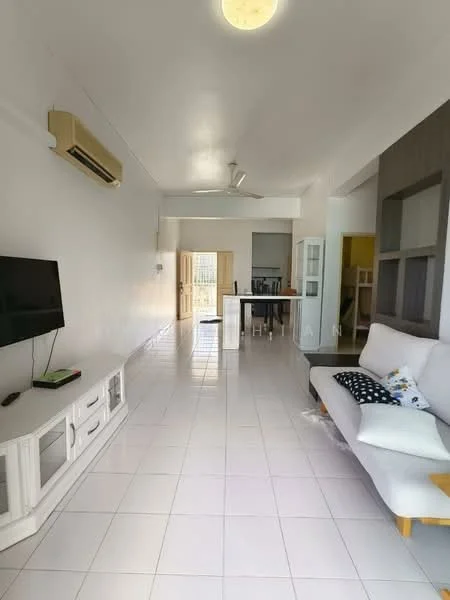 Living features: white painted walls, glossy white tile flooring, 5-blade ceiling fan, wall-mounted TV, white TV console, sofa in light color, decorative cushions, natural light from door, air conditioning unit; style: modern.