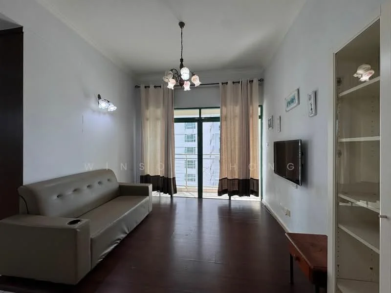 Living features: 3-seater fabric sofa in light grey, wooden coffee table, wall-mounted TV, floor-to-ceiling windows, sheer curtains, dark wood flooring, chandelier with multiple bulbs, built-in shelving unit, neutral painted walls; style: modern; view: city.