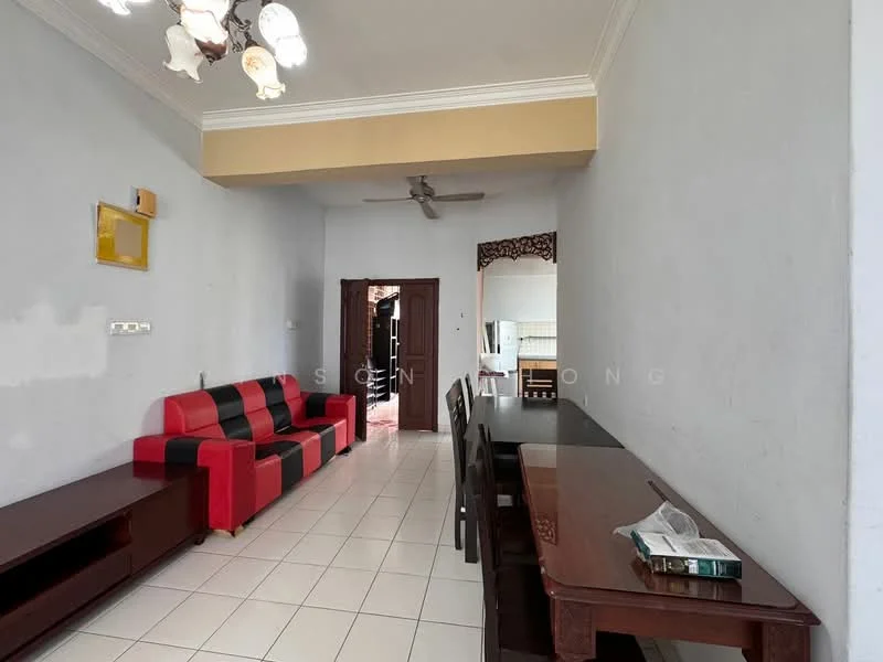 Living features: red and black fabric sofa, wooden dining table, 4 wooden dining chairs, white tiled flooring, white painted walls, ceiling fan, chandelier, wall-mounted TV console, decorative mirror, doorway leading to kitchen, window with curtain; style: modern.
