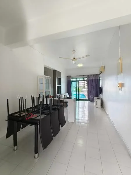 Dining features: white painted walls, glossy white tile flooring, 5-blade ceiling fan, dining table with chairs stacked upside down, sliding glass door, floor-to-ceiling windows, curtains in purple, wall-mounted air conditioning unit, open layout to living area; style: modern. Living features: white painted walls, glossy white tile flooring, 5-blade ceiling fan, sliding glass door, floor-to-ceiling windows, curtains in purple, wall-mounted air conditioning unit, open layout to dining area; style: modern.