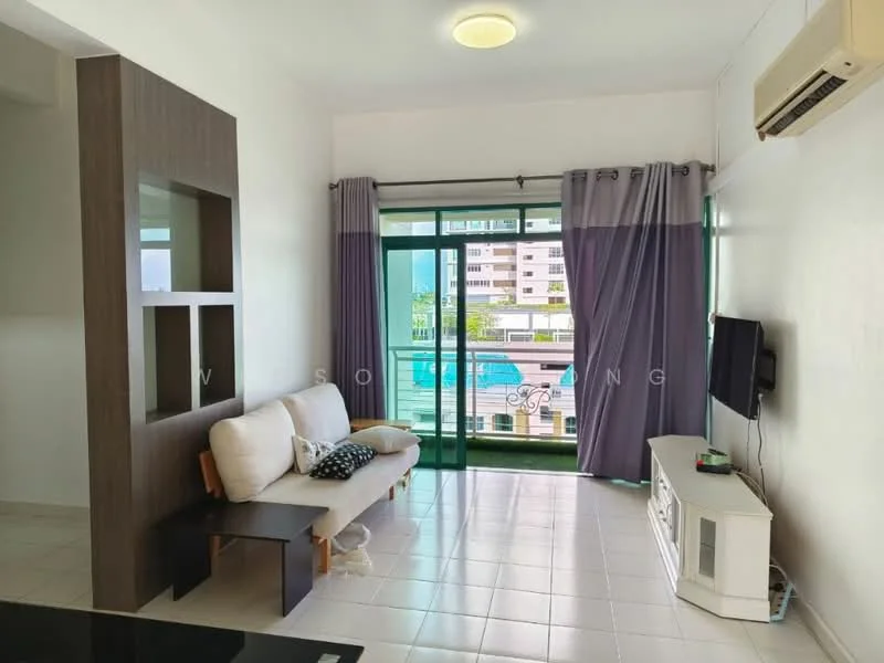 Living features: white painted walls, glossy tile flooring, 5-blade ceiling fan with light, floor-to-ceiling windows, sliding glass door, grey curtains, sofa with cushions, coffee table, wall-mounted TV, TV console; style: modern; view: city.