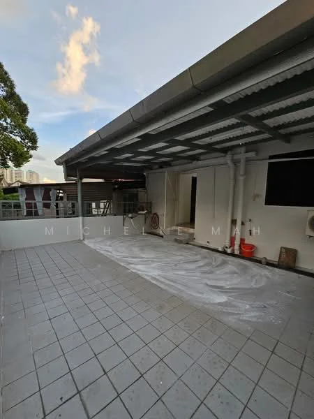 Exterior features: flat roof, grey tiled flooring, exposed beams, white painted walls, outdoor space, partial city view, utility area with plumbing, open layout; style: modern.