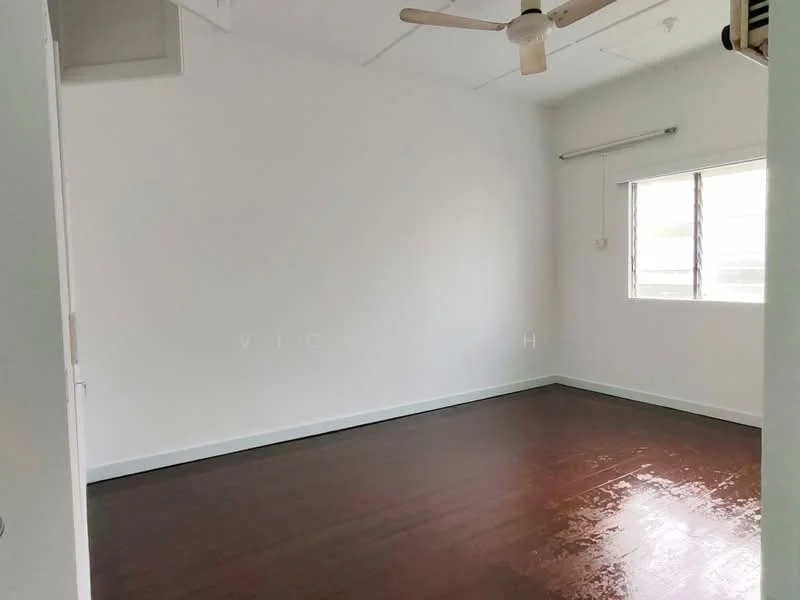 Room features: white painted walls, wooden flooring, ceiling fan, window with view, natural light, high ceiling.