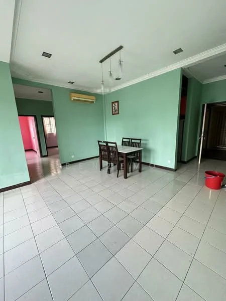 Dining features: light green painted walls, white ceiling with recessed downlights, ceramic tile flooring, 4-seater wooden dining table, 4 wooden dining chairs, wall-mounted air conditioning unit, doorway leading to other rooms, window with natural light, bucket on the floor; style: modern. Room features: light green painted walls, white ceiling, ceramic tile flooring.