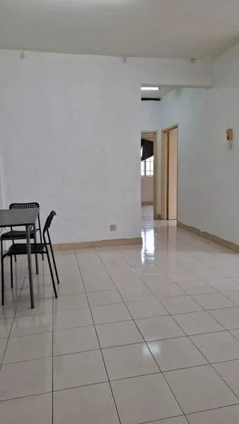 Room features: white painted walls, glossy tile flooring, ceiling light fixture, dining table with black chairs, doorway leading to another room, window with natural light, baseboards, neutral color scheme; style: minimalist.