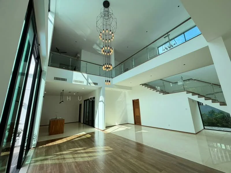 Living features: high ceiling, large floor-to-ceiling windows, wooden flooring, chandelier light fixture, open layout, glass railing on balcony, staircase with wooden steps, natural light from windows, white painted walls; style: modern; view: mountain. Room features: white painted walls, marble flooring, glass door, wooden door, staircase with glass railing.