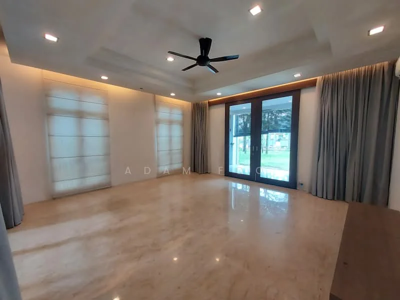 Living features: marble flooring, white painted walls, tray ceiling with recessed lighting, 5-blade ceiling fan with light, floor-to-ceiling windows, sliding glass door, sheer curtains, LED strip lighting, wooden feature wall, natural light from windows; style: modern; view: garden.