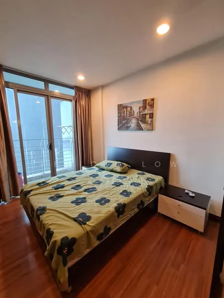 Bedroom features: queen-size bed with floral bedding, wooden flooring, floor-to-ceiling windows, sliding glass door, curtains, nightstand, framed artwork on wall, light fixtures in ceiling; style: modern.