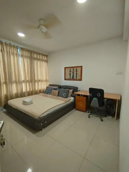 Bedroom features: queen-size bed, upholstered headboard, 2 bedside pillows, study desk with chair, ceiling fan, floor-to-ceiling windows, sheer curtains, light-colored walls, glossy tile flooring, framed artwork on wall; style: modern.