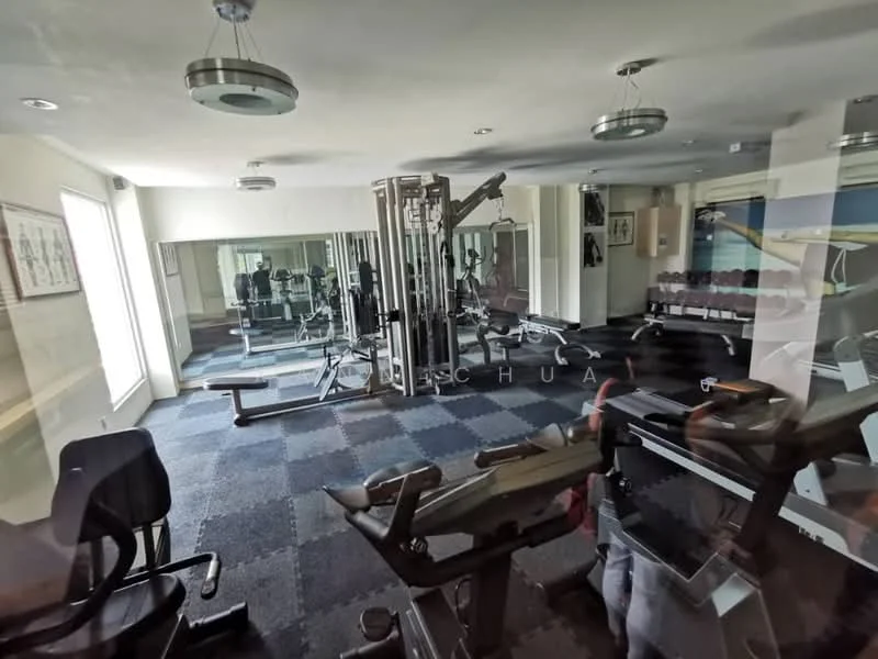 Room features: exercise equipment, treadmill, weight bench, multi-gym machine, mirrored wall, carpet flooring, recessed lighting, large windows, exercise mats, wall-mounted artwork; style: modern; view: garden.