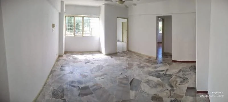 Room features: white painted walls, marble flooring, ceiling fan, large window with grid pattern, doorway leading to another room, natural light from window, neutral color scheme, open layout; style: minimalist; view: garden.