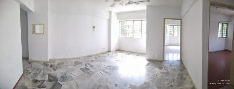 Room features: white painted walls, marble flooring, large windows, ceiling fan, natural light, corner room, neutral color scheme, open layout; style: minimalist; view: garden.