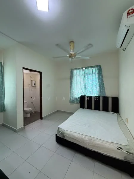 Bedroom features: single bed frame, mattress, ceiling fan, wall-mounted air conditioning unit, floor-to-ceiling window with sheer curtains, white painted walls, tiled flooring, built-in wardrobe, light fixture on ceiling.