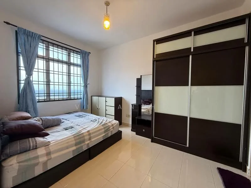 Bedroom features: queen-size bed, upholstered headboard, bedside pillows, built-in wardrobe with sliding doors, wooden flooring, large window with grid pattern, curtains in light blue, ceiling light fixture; style: modern.